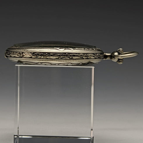 Antique Mumei pocket watch Art Nouveau flower sculpture alloy case works well